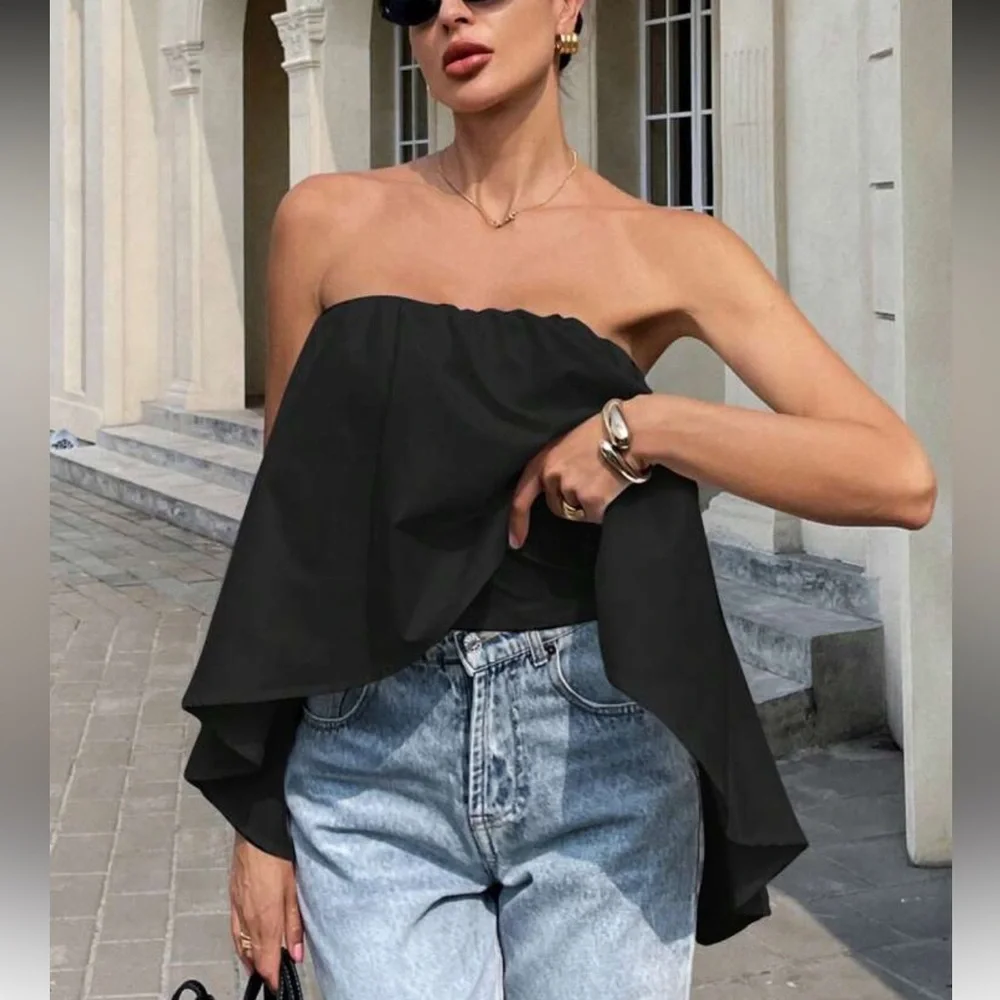 White Strapless Flowy Top_13
